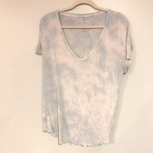 Blue and white, soft, white tee.